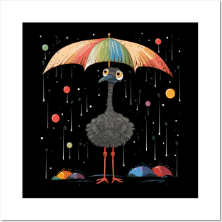 Ostrich Rainy Day With Umbrella Posters and Art